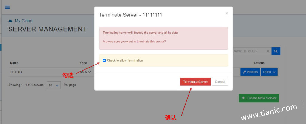 勾选提示框，彻底删除VPS服务器