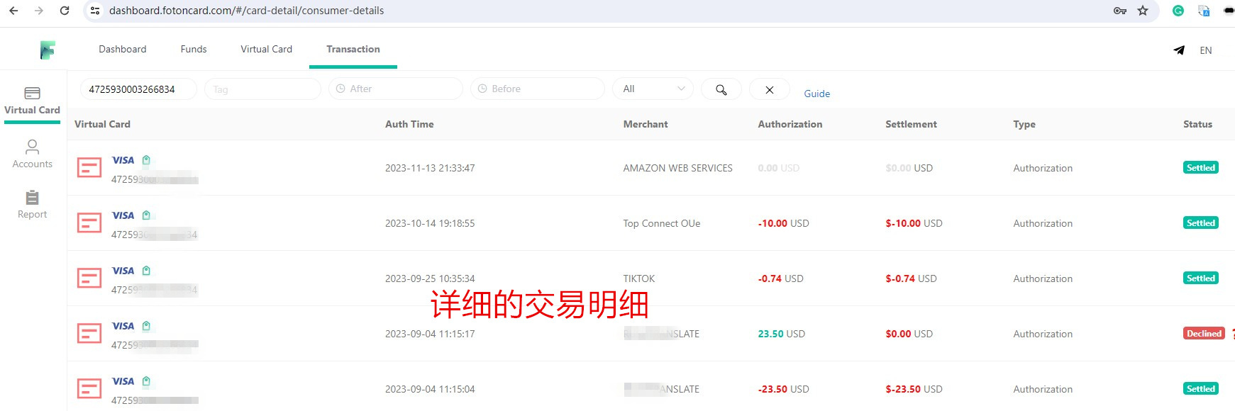 查看Visa虚拟卡的交易明细记录操作